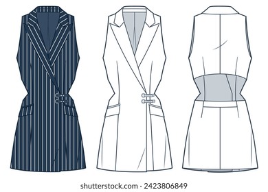 Ilustración técnica de moda de Blazer Dress, diseño a rayas. Cutout Blazer Jacket moda planas de dibujo técnico, ajuste delgado, frontal, retrovisor, blanco, azul, mujeres, hombres, conjunto de maquillaje CAD unisex.  