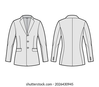 Blazer fitted jacket suit technical fashion illustration with single breasted, notched lapel collar, flap pockets, fitted body, hip length. Flat template front, back, grey color. Women, men CAD mockup