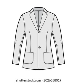 Blazer fitted jacket suit technical fashion illustration with single breasted, long sleeves, notched lapel collar, patch pockets, hip length. Flat coat template front grey color. Women, men CAD mockup