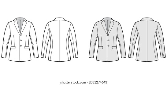 Blazer fitted jacket suit technical fashion illustration with single breasted, notched lapel collar, flap pockets, hip length. Flat template front, back, white, grey color. Women, men CAD mockup