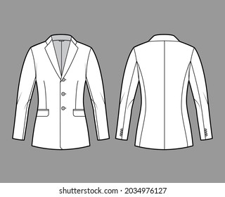 Der mit Blazer ausgestattete Jackett-Anzug technische Mode-Illustration mit einreißem, eingekerbtem Klappkragen, Klapptaschen, Einbaukörper, Hüftlänge. Flache Vorder-Vorlage, Rückseite, weiße Farbe. Frauen-CAD-Modell