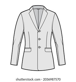 Blazer fitted jacket suit technical fashion illustration with single breasted, notched lapel collar, flap pockets, fitted body, hip length. Flat template front, grey color. Women, men CAD mockup