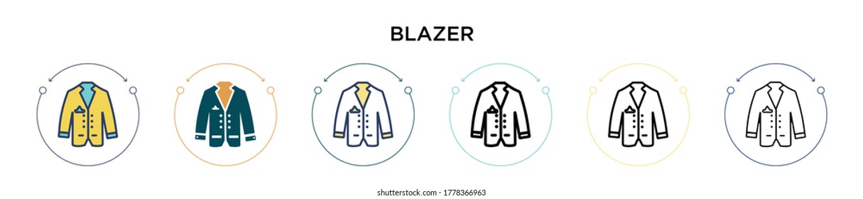 Blazer icon in filled, thin line, outline and stroke style. Vector illustration of two colored and black blazer vector icons designs can be used for mobile, ui, web