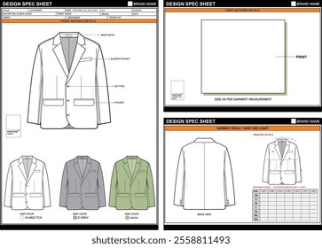 BLAZER JACKET EASY EDITABLE EMPTY TECHPACK MEASUREMENT LAYOUT TEMPLATE DESIGN