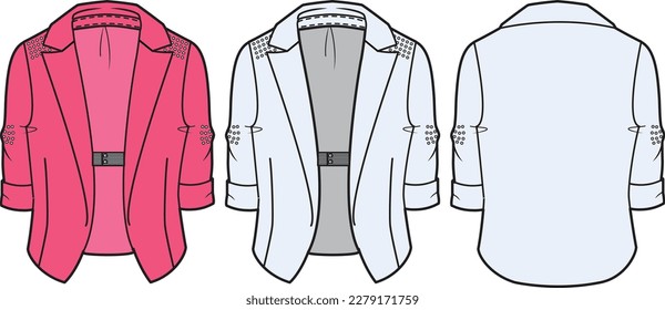 Blazer jacket front and back part flat sketch technical drawing vector illustration template