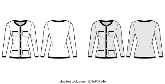 Blazer Jacket como Chanel traje ilustración técnica de moda con mangas largas, bolsillos de parche, cuerpo montado, cierre de botón. Estilo de color gris, blanco y frontal de la plantilla de la capa plana. Las mujeres, los hombres se burlan