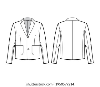 Blazer Jacke Anzug technische Mode Illustration mit langen Ärmeln, Notizkragen, Pflastertaschen, übergroßen Körper. Flaches Fell-Template vorne, hinten, weißer Farbstil. Frauen, Männer, Top-CAD-Modelle