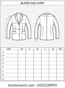 Blazer-Größentabelle. Business Jacke Vorder- und Rückseite Skizze. Maße der Kleidung. Frauen CAD Mockup. Technische Zeichnung Vorlage Vektorillustration