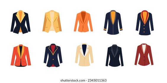 Symbol-Kollektion von Blazer oder Anzug, Satz von formalen Kleidung oder formalen Kleidern, Draufsicht