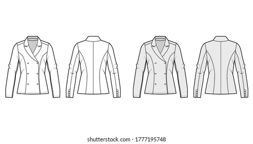 Ilustración técnica de moda deslumbrante con solapa de paja, silueta ajustada, abertura doble de pechos, mangas largas. Plantilla de la chaqueta de ropa plana frontal, posterior, color gris blanco. Hombres mujeres unisex burla