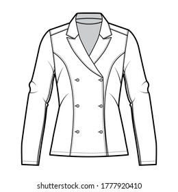 Ilustración técnica de moda deslumbrante con solapa de paja, silueta ajustada, abertura doble de pechos, mangas largas. Delantero de la chaqueta de ropa plana, color blanco. Hombres mujeres unisex top CAD mockup