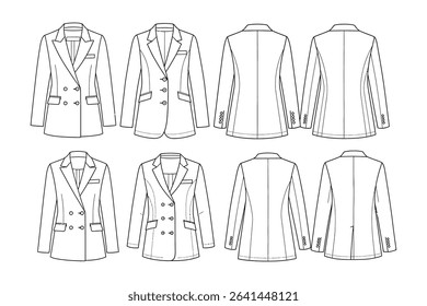 "Women’s Blazer Technical Sketches – Front and Back Flat Fashion Design Templates"

