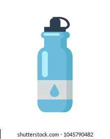Blazing blue bottle for bike with grey stripe and drib sketch on it, black cover, striking reflection, color vector illustration isolated on white