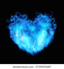 Blazing blue flame with smoke and a glow effect in the shape of a heart. Valentine's Day. Magic, mysticism, energy, love, feelings, attitude. Vector. Isolated black background.