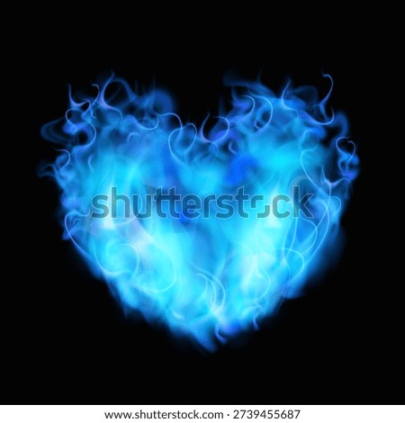 Blazing blue flame with smoke and a glow effect in the shape of a heart. Valentine's Day. Magic, mysticism, energy, love, feelings, attitude. Vector. Isolated black background.