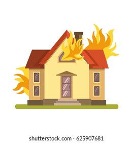 Blazing Double Decker House Burning With Fire On White Background