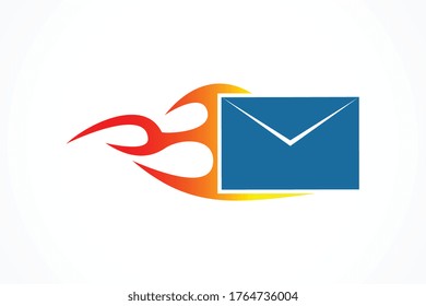 logotipo de entrega de carta de servicio rápido con llama de fuego de sobre brillante