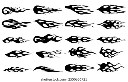 Blazing fire, burning or heating fire lines. Fire explosion on white background. Tribal hotrod muscle car silhouette flames graphic for car hood and sides. Can be used as decals, masks and tattoos too