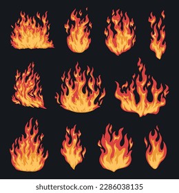 Blazing fire colorful set emblems for decoration of interior grill bar or bbq devices for home vector illustration