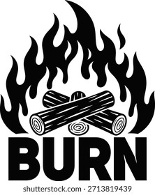 Ilustración vectorial de llama de fuego ardiente con texto de quemado para señales de advertencia y calientes sobre un fondo transparente.