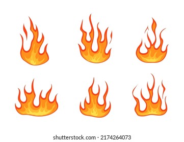 Blazing fire set. Yellow varieties of flames with orange gradient on white surface dangerous fires and vector bonfires