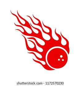 Blazing fireball with flames vector emblem. Burning red bowling ball with hot fire flame isolated on white background. Illustration for retro hot tattoo, stylish bowling club or fiery comet sign