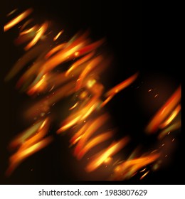 flammenwilder Hintergrund. Helle Nacht, Stars Gold. Hot Burning Gold Blitze. Einziger Feuer, orangefarbene gelbe Funken, Rauch. Realistischer Feuereffekt auf Schwarz. Realistisches Energiefleck.