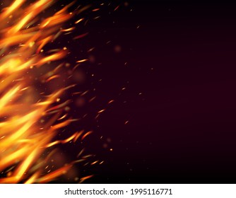 Blazing Flame Fiery Sparkles Background. Isolated Fire, Red Yellow Orange Sparks, Smoke. Hot Burning Gold Flashes. Realistic Fire Image on Black. Bright Night, Stars Gold. Realistic Energy Glow.