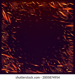 Blazing Flame Fiery Sparkles Background. Hot Burning Glow Flashes. Realistic Fire Image on Black. Realistic Energy Gleam. Isolated Fire, Red Yellow Orange Sparks, Smoke. Bright Night, Gold Stars.