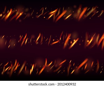 Blazing Flame Fiery Sparkles Background. Realistic Fire Image on Black. Realistic Energy Gleam. Hot Burning Flake Flashes. Bright Night, Glitter Stars. Isolated Fire, Orange Yellow Red Sparks, Smoke.