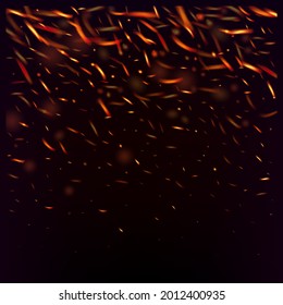 Blazing Flame Fiery Sparkles Background. Realistic Energy Glow. Isolated Fire, Red Orange Yellow Sparks, Smoke. Realistic Fire Image on Black. Bright Night, Stars Glitter. Hot Burning Flake Flashes.
