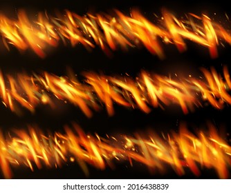 Blazing Flame Fiery Sparkles Background. Realistic Fire Effect on Black. Realistic Energy Gleam. Isolated Fire, Red Yellow Orange Sparks, Smoke. Bright Night, Gold Stars. Hot Burning Glow Flashes.