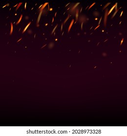 Blazing Flame Fiery Sparkles Background. Hot Burning Glow Flashes. Realistic Fire Image on Black. Isolated Fire, Yellow Orange Red Sparks, Smoke. Realistic Energy Gleam. Bright Night, Stars Glitter.