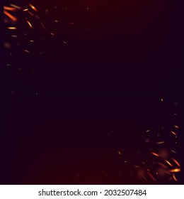 Blazing Flame Fiery Sparkles Background. Bright Night, Gold Stars. Isolated Fire, Yellow Red Orange Sparks, Smoke. Realistic Fire Image on Black. Realistic Energy Gleam. Hot Burning Flake Flashes.