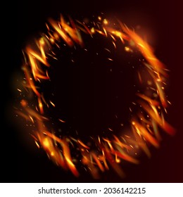 Blazing Flame Fiery Sparkles Background. Realistic Energy Gleam. Bright Night, Stars Gold. Isolated Fire, Red Yellow Orange Sparks, Smoke. Hot Burning Flake Flashes. Realistic Fire Image on Black.