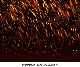 Blazing Flame Fiery Sparkles Background. Isolated Fire, Orange Yellow Red Sparks, Smoke. Hot Burning Gold Flashes. Realistic Fire Effect on Black. Bright Night, Gold Glitter. Realistic Energy Gleam.