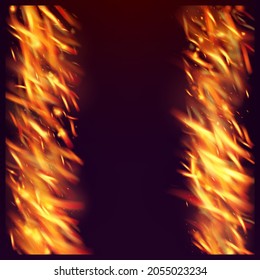 Blazing Flame Fiery Sparkles Background. Isolated Fire, Red Yellow Orange Sparks, Smoke. Hot Burning Glow Flashes. Realistic Energy Gleam. Bright Night, Stars Gold. Realistic Fire Effect on Black.