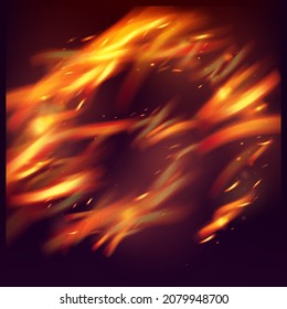 Blazing Flame Fiery Sparkles Background. Realistic Fire Image on Black. Bright Night, Glitter Stars. Hot Burning Glow Flashes. Isolated Fire, Red Orange Yellow Sparks, Smoke. Realistic Energy Glow.