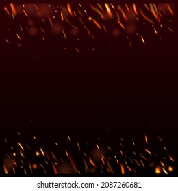 Blazing Flame Fiery Sparkles Background. Realistic Energy Gleam. Realistic Fire Image on Black. Isolated Fire, Yellow Red Orange Sparks, Smoke. Hot Burning Flake Flashes. Bright Night, Stars Gold.