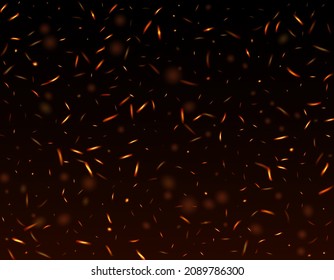 Blazing Flame Fiery Sparkles Background. Hot Burning Gold Flashes. Bright Night, Gold Glitter. Realistic Fire Effect on Black. Isolated Fire, Orange Red Yellow Sparks, Smoke. Realistic Energy Gleam.