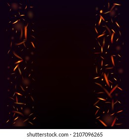 flammenwilder Hintergrund. Realistisches Energiefleck. Blitze mit heißem Brennen. Einziger Feuer, orange-gelbe rote Funken, Rauch. Helle Nacht, Gold Glitter. Realistischer Feuereffekt auf Schwarz.
