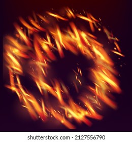 Blazing Flame Fiery Sparkles Background. Isolated Fire, Red Yellow Orange Sparks, Smoke. Bright Night, Stars Glitter. Realistic Energy Glow. Realistic Fire Image on Black. Hot Burning Glow Flashes.