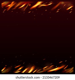 Blazing Flame Fiery Sparkles Background. Isolated Fire, Yellow Red Orange Sparks, Smoke. Realistic Energy Glow. Hot Burning Gold Flashes. Bright Night, Glitter Stars. Realistic Fire Image on Black.
