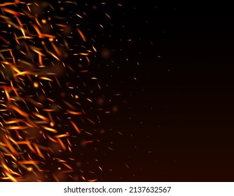 Blazing Flame Fiery Sparkles Background. Hot Burning Gold Flashes. Realistic Fire Image on Black. Isolated Fire, Yellow Orange Red Sparks, Smoke. Realistic Energy Gleam. Bright Night, Glitter Stars.