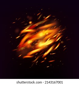 Blazing Flame Fiery Sparkles Background. Realistic Fire Effect on Black. Realistic Energy Gleam. Bright Night, Stars Gold. Isolated Fire, Orange Red Yellow Sparks, Smoke. Hot Burning Flake Flashes.