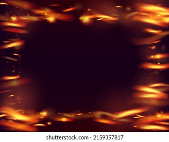 Blazing Flame Fiery Sparkles Background. Hot Burning Gold Flashes. Bright Night, Glitter Stars. Realistic Fire Effect on Black. Isolated Fire, Orange Red Yellow Sparks, Smoke. Realistic Energy Gleam.