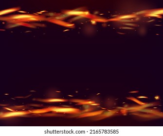 Blazing Flame Fiery Sparkles Background. Hot Burning Flake Flashes. Isolated Fire, Red Orange Yellow Sparks, Smoke. Bright Night, Gold Stars. Realistic Energy Gleam. Realistic Fire Effect on Black.