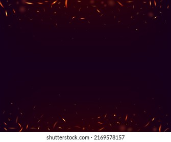 Blazing Flame Fiery Sparkles Background. Hot Burning Gold Flashes. Bright Night, Gold Glitter. Isolated Fire, Yellow Orange Red Sparks, Smoke. Realistic Energy Glow. Realistic Fire Effect on Black.