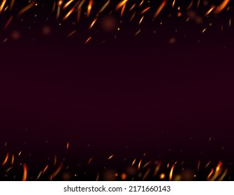 Blazing Flame Fiery Sparkles Background. Isolated Fire, Red Orange Yellow Sparks, Smoke. Bright Night, Stars Gold. Hot Burning Gold Flashes. Realistic Energy Glow. Realistic Fire Image on Black.