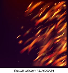 Blazing Flame Fiery Sparkles Background. Hot Burning Flake Flashes. Bright Night, Gold Glitter. Realistic Energy Gleam. Realistic Fire Image on Black. Isolated Fire, Red Yellow Orange Sparks, Smoke.